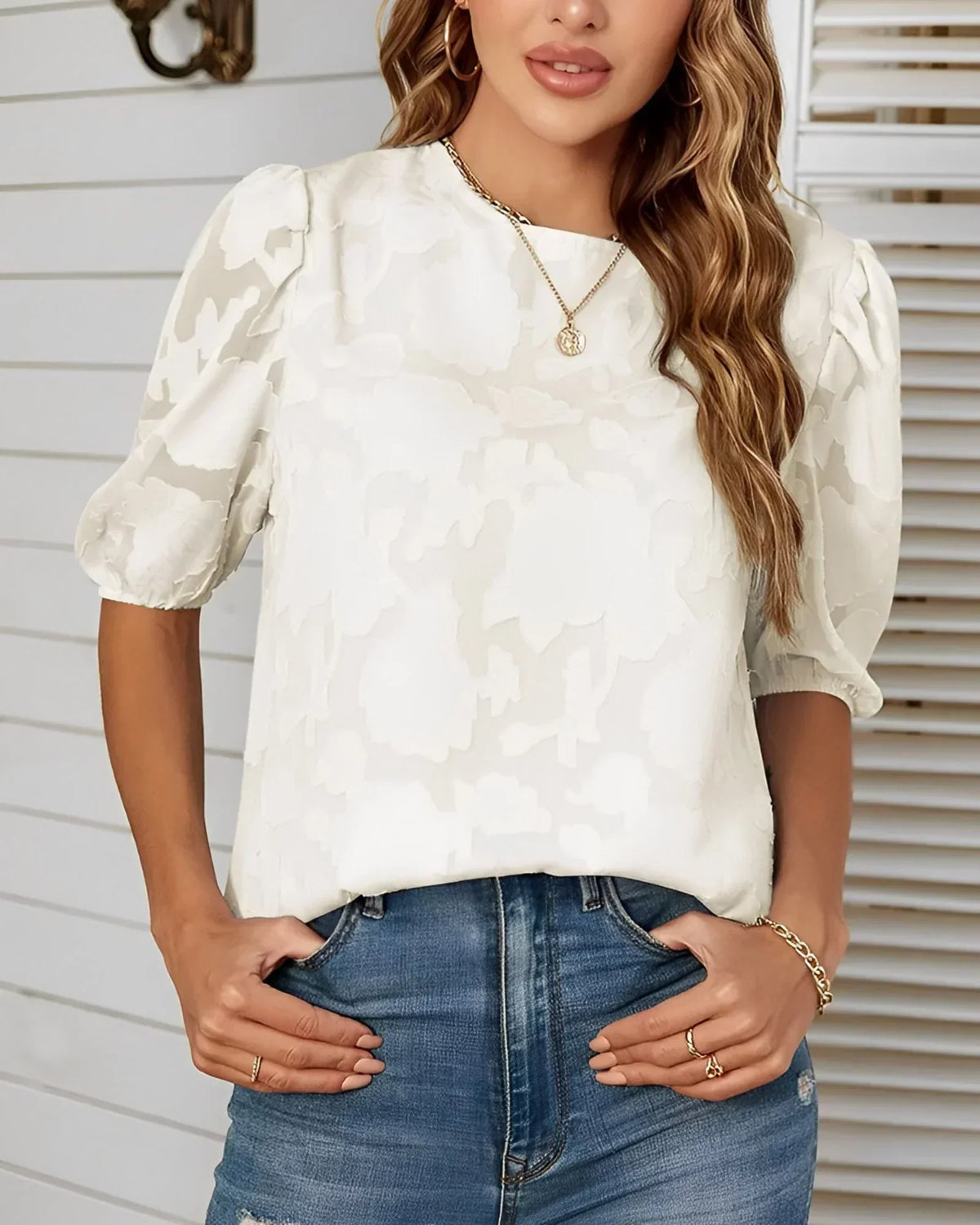 Floral Textured Puff Sleeve Round Neck Blouse 5