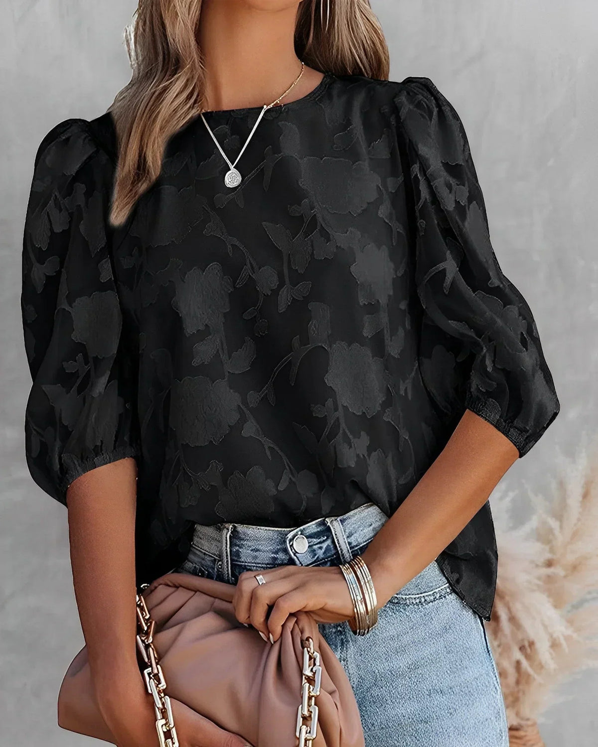 Floral Textured Puff Sleeve Round Neck Blouse 9