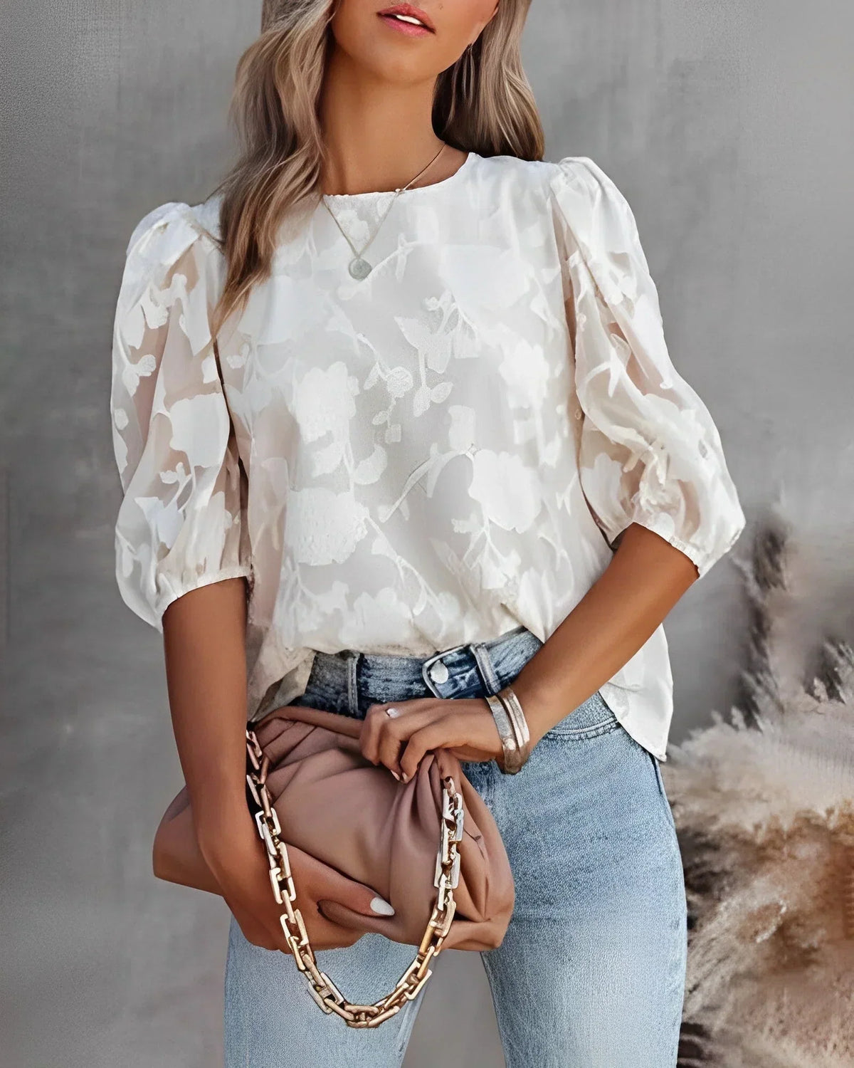 Floral Textured Puff Sleeve Round Neck Blouse