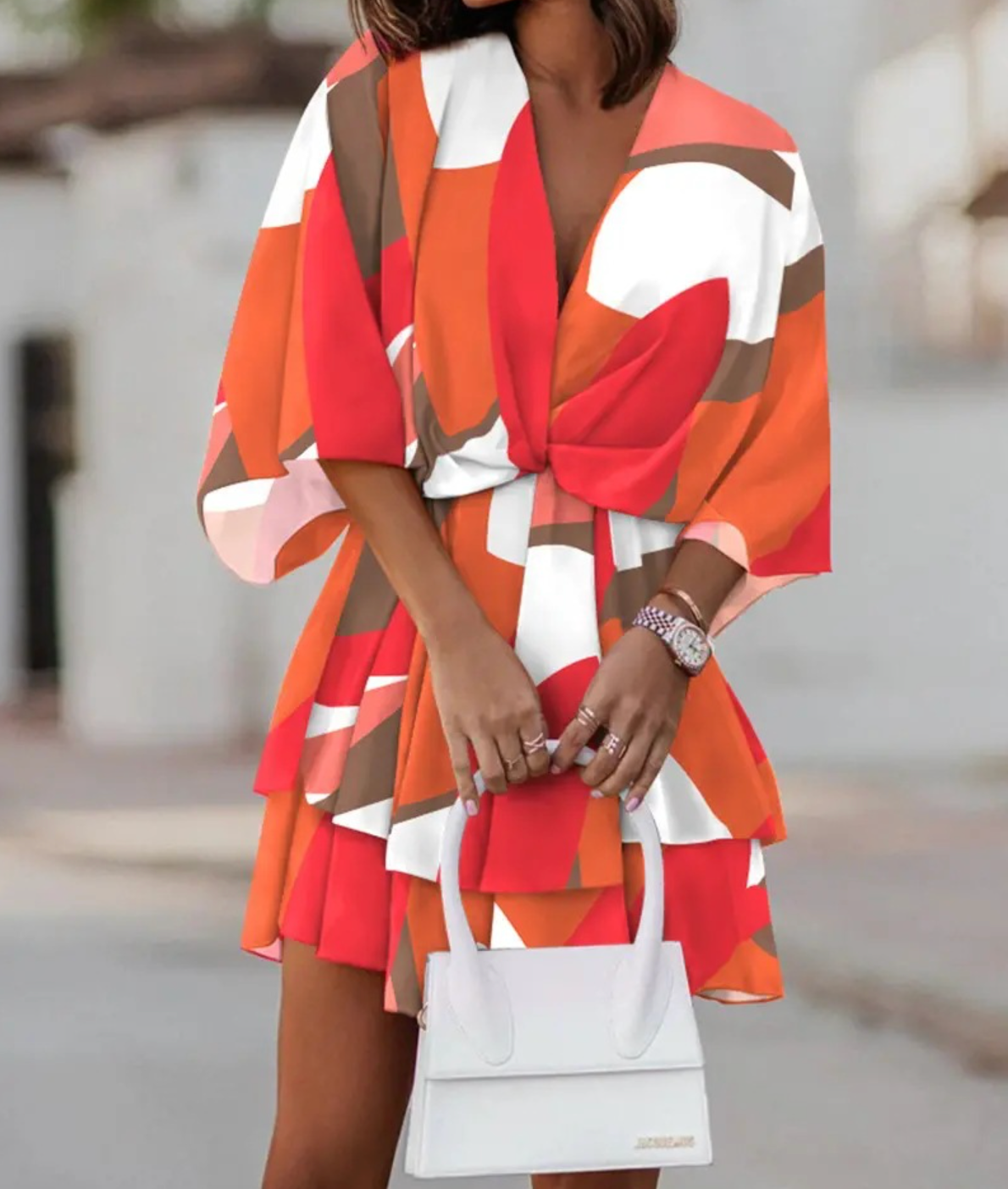 Floral Print V-Neck Kimono Sleeve Twist Front Tiered Mini Dress 8