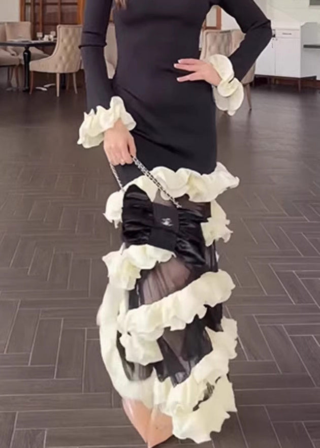 Organic Black White Striped O-Neck Ruffled Knit Patchwork Dress