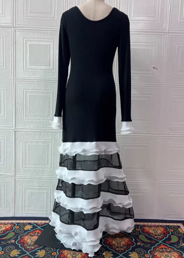 Organic Black White Striped O-Neck Ruffled Knit Patchwork Dress - View 5