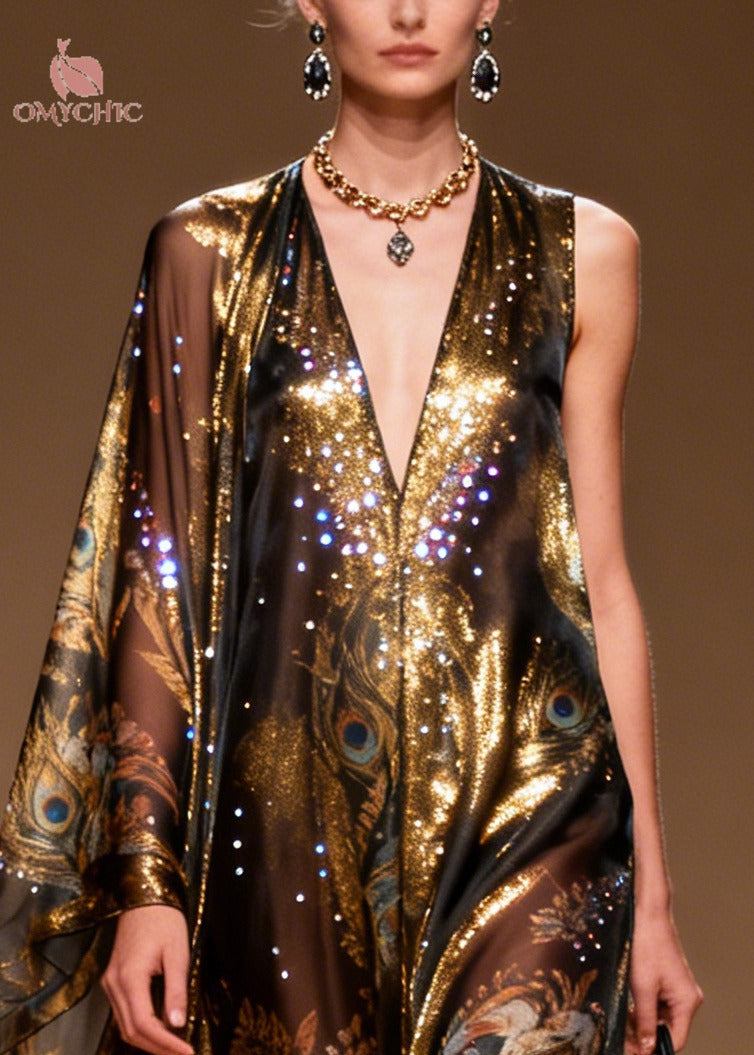 Peacock Print Sequin Deep V-Neck One Shoulder Cape Maxi Gown - View 2
