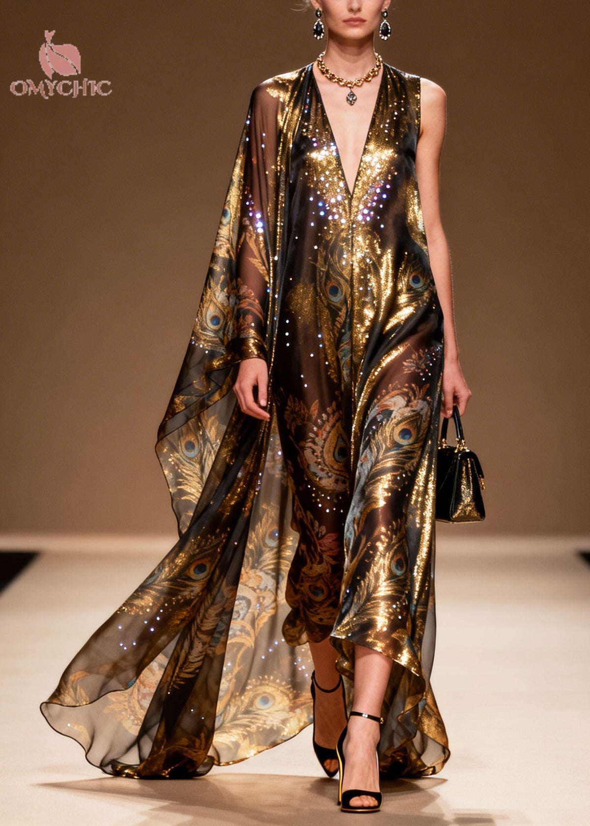 Peacock Print Sequin Deep V-Neck One Shoulder Cape Maxi Gown - View 5