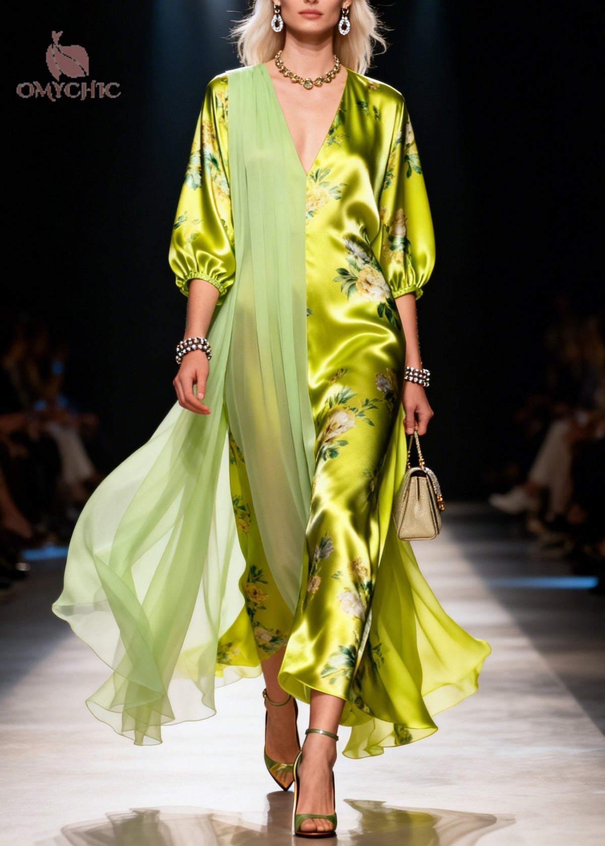 Floral Print Deep V-Neck Puff Sleeve Asymmetric Sheer Maxi Gown - View 3