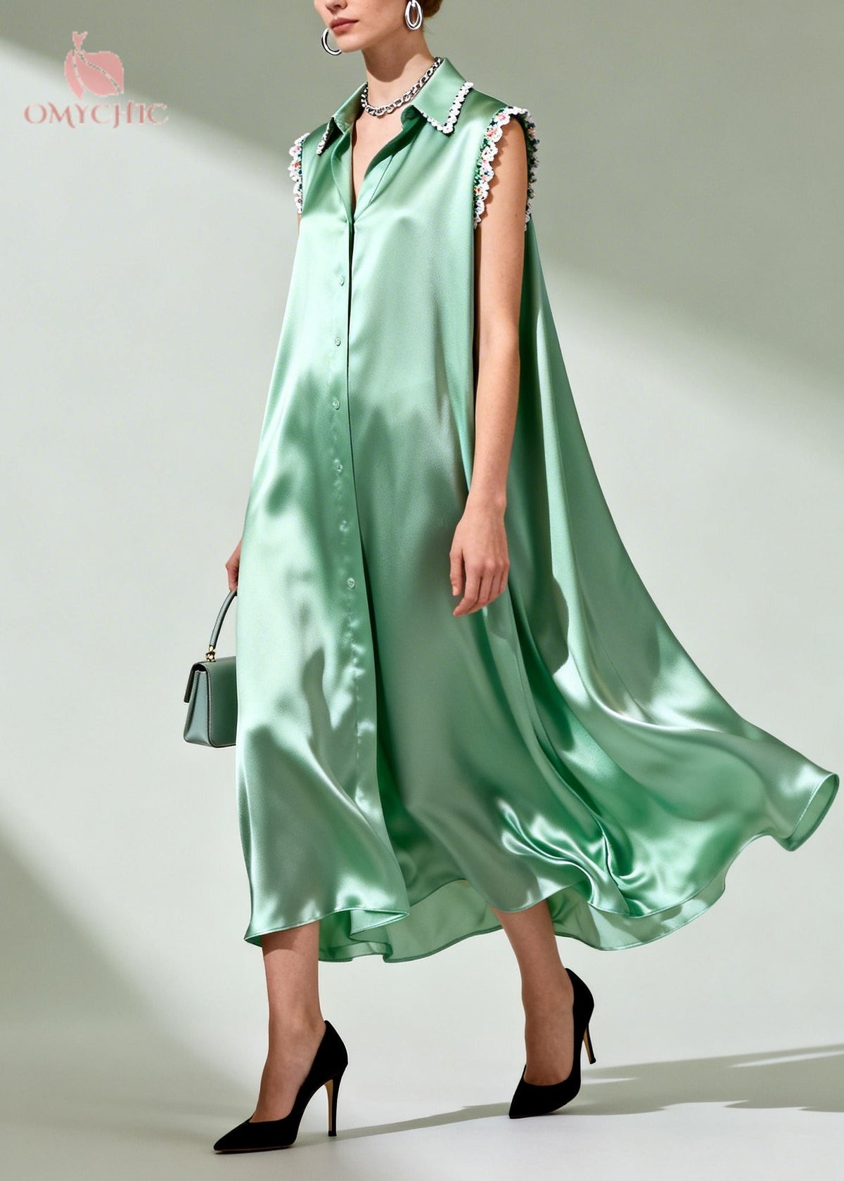 Satin Lace Trim Collar Button Down Sleeveless Shirt Maxi Dress - View 5