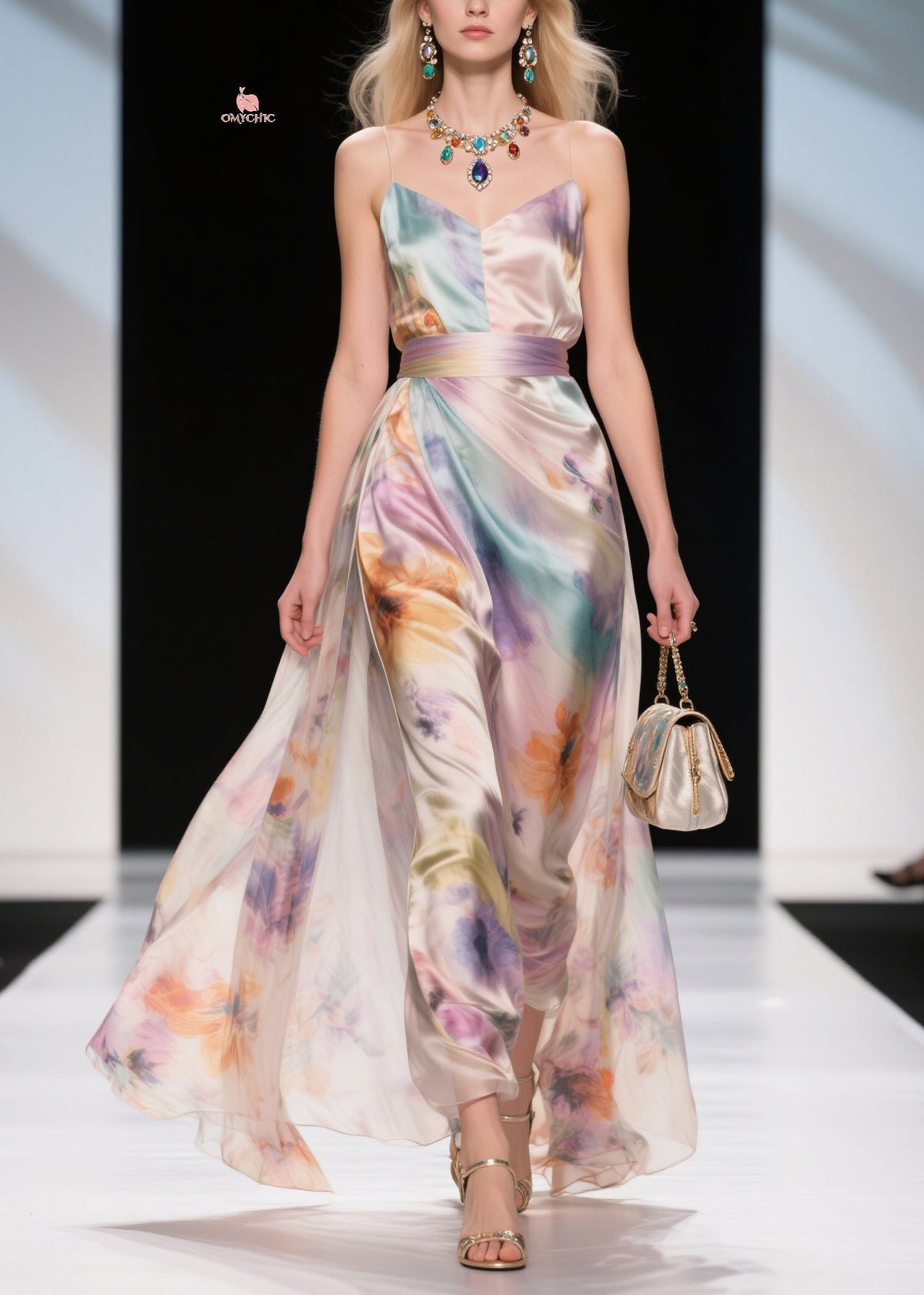Satin Spaghetti Strap V-Neck Pleated Waist Band Maxi Gown - View 3