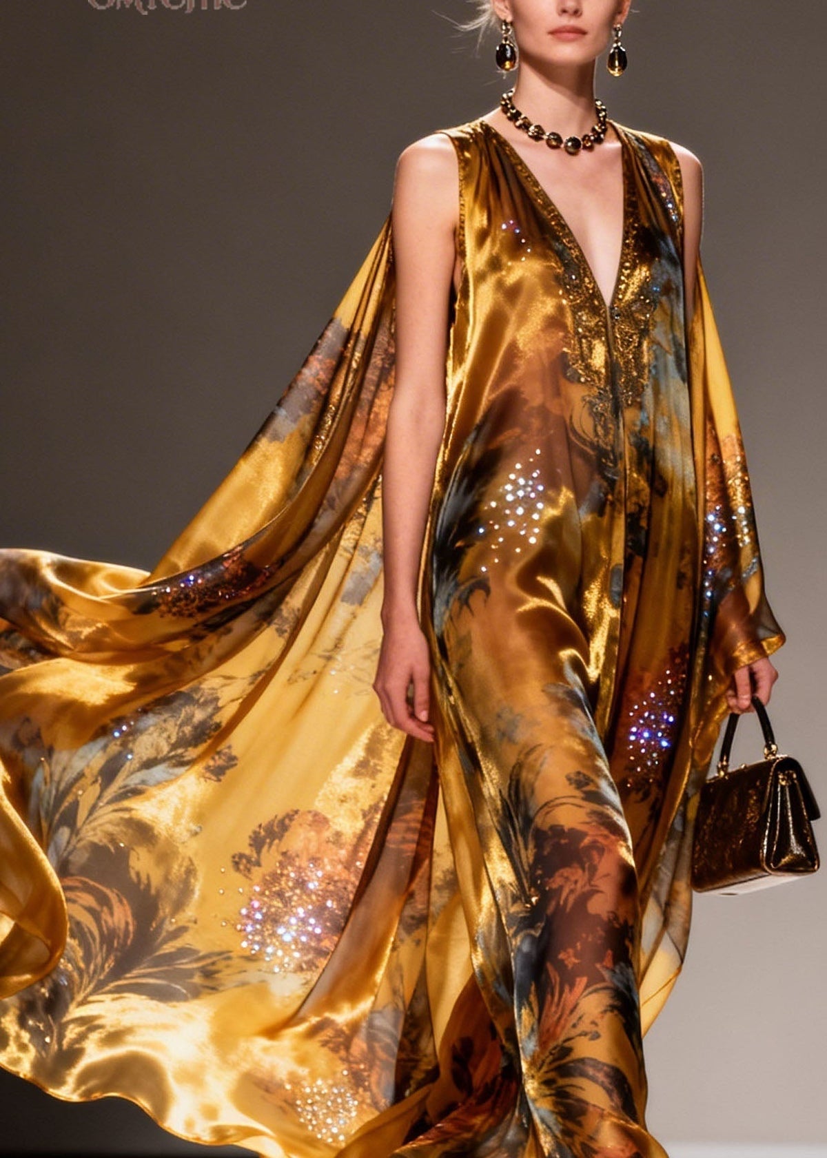 Organic Yellow V Neck Print Zircon Chiffon Maxi Dresses Summer - View 2