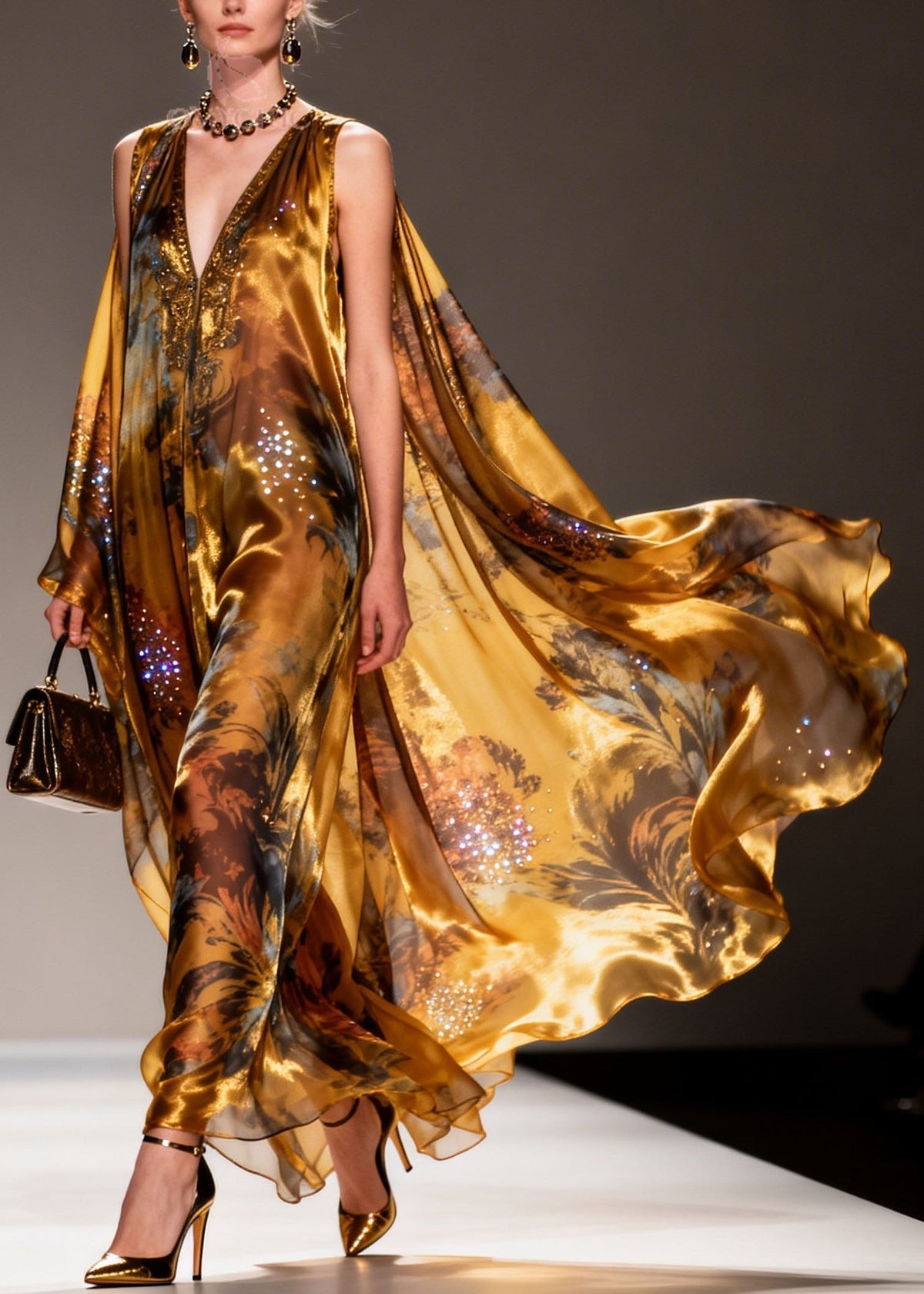Organic Yellow V Neck Print Zircon Chiffon Maxi Dresses Summer - View 3