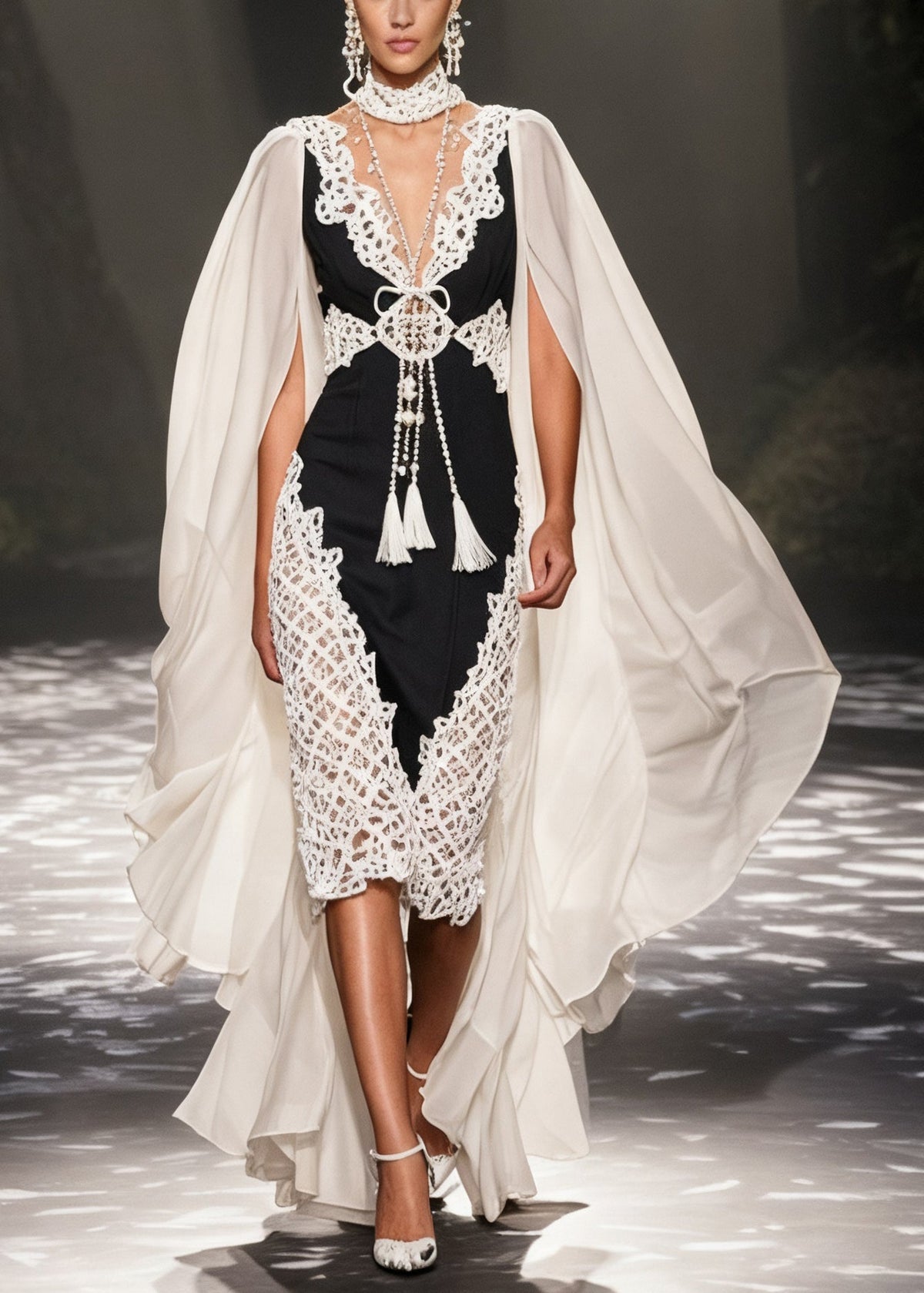 Deep V-Neck Lace Applique Tassel Cape Sleeve Bodycon Midi Dress - View 3