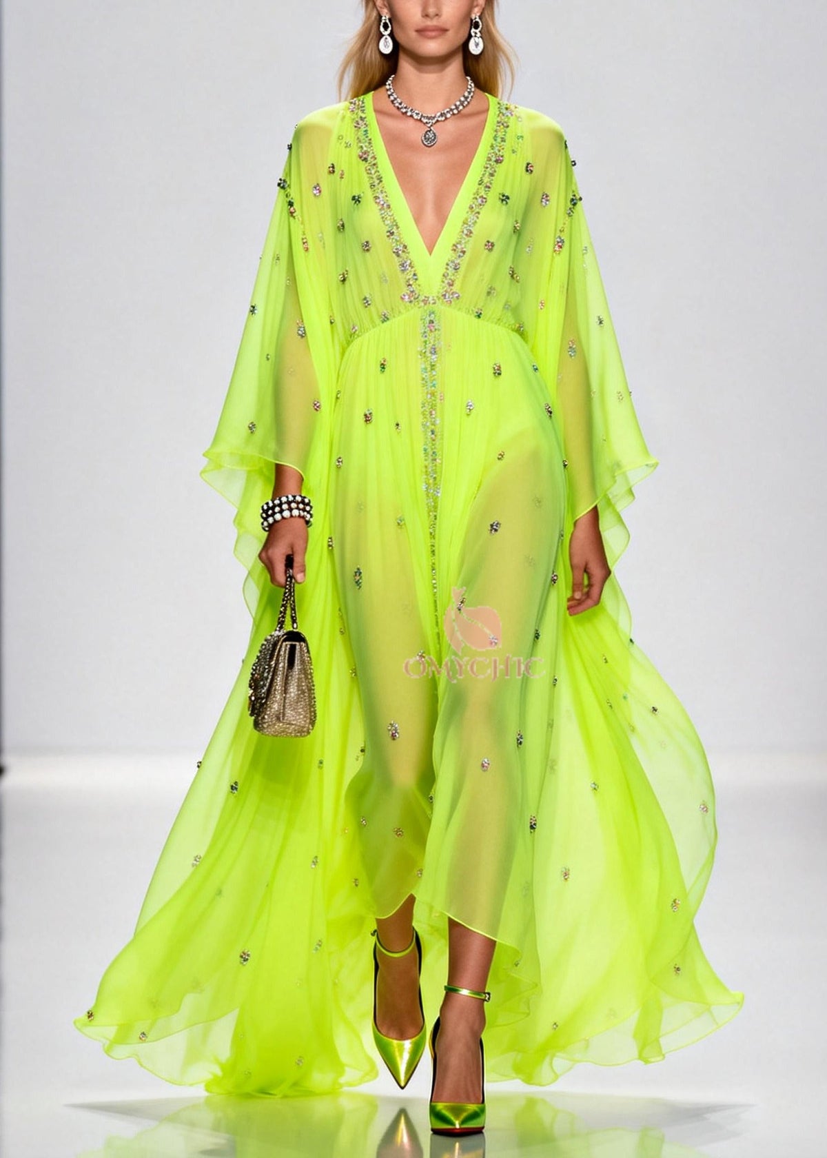 Rhinestone Scatter Deep V-Neck Empire Waist Cape Sleeve Maxi Gown
