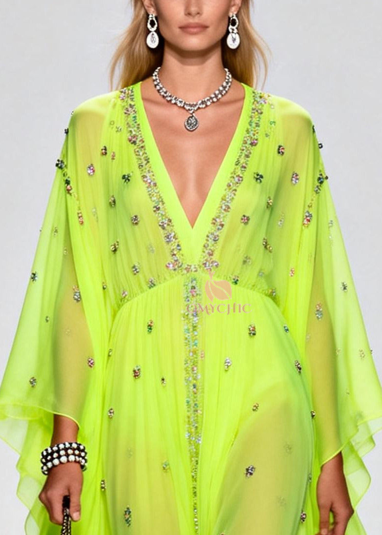 Rhinestone Scatter Deep V-Neck Empire Waist Cape Sleeve Maxi Gown - View 2