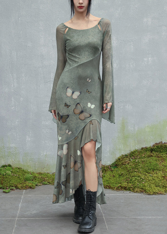 Original Design Green O-Neck Butterfly Tulle Maxi Dresses Flare Sleeve - View 2