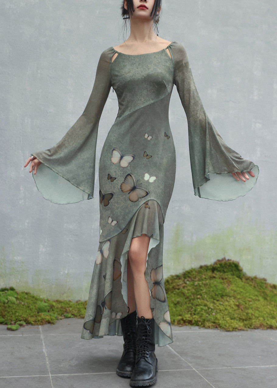 Original Design Green O-Neck Butterfly Tulle Maxi Dresses Flare Sleeve - View 3