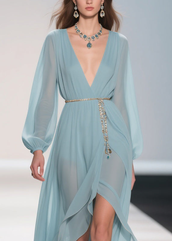 Chiffon Deep V-Neck Bishop Sleeve Chain Belt Wrap High Split Maxi Gown - View 2