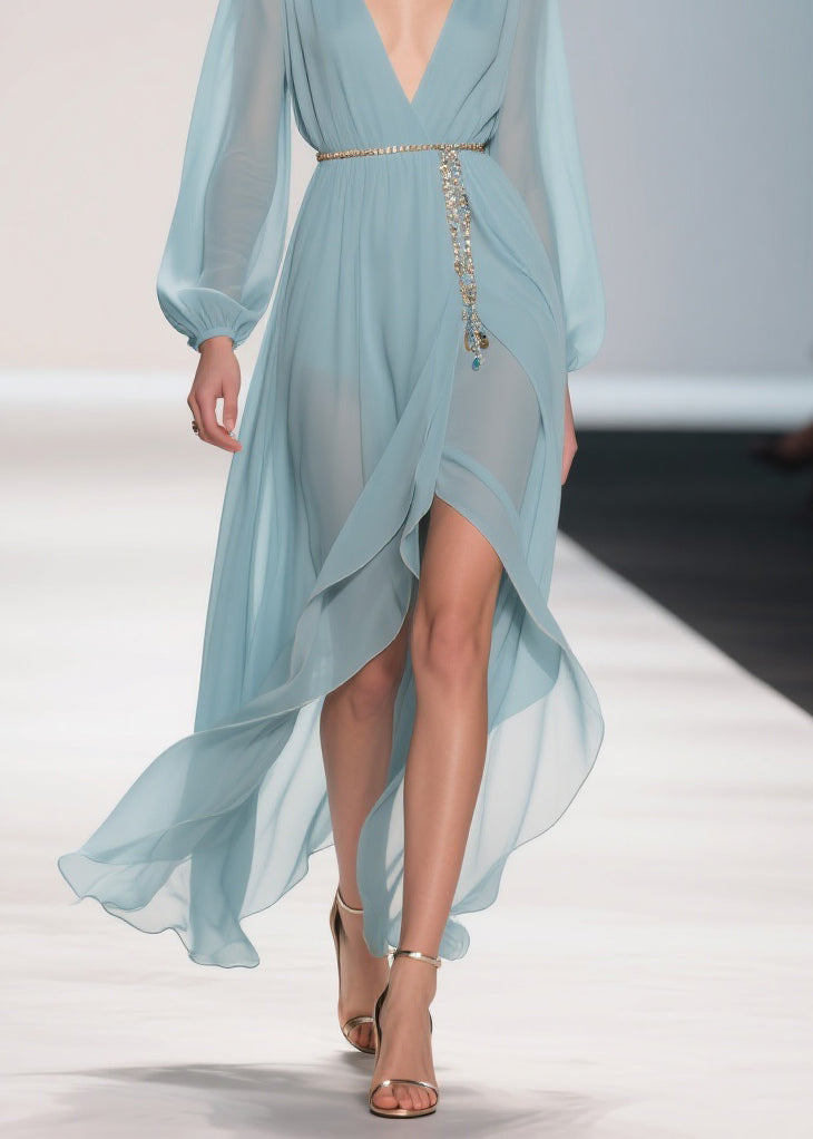 Chiffon Deep V-Neck Bishop Sleeve Chain Belt Wrap High Split Maxi Gown - View 4