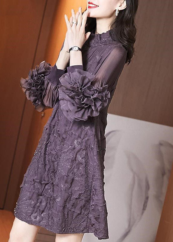 Original Purple Stand Collar Embroidered Nail Bead Maxi Dress - View 4