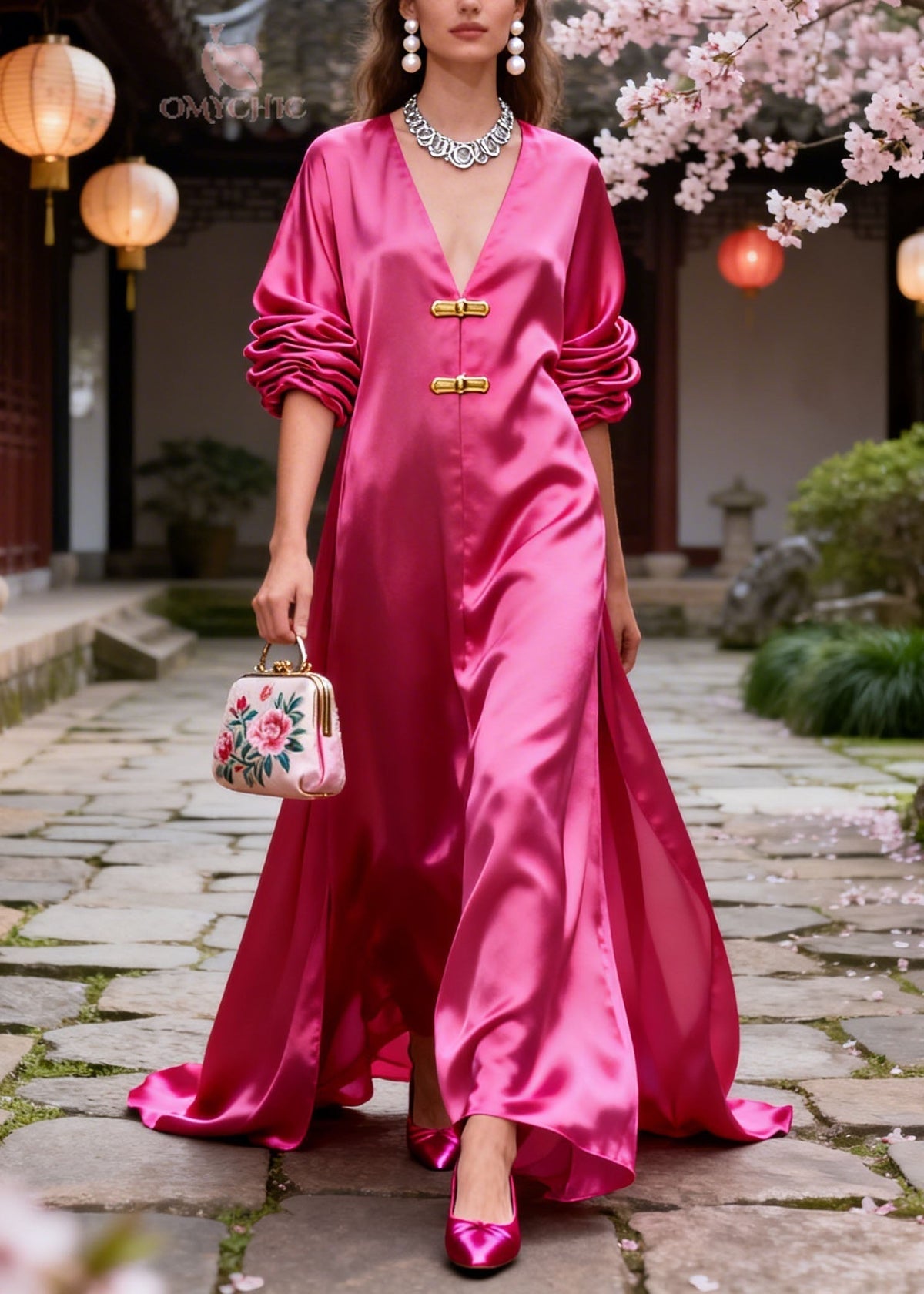 Satin V-Neck Ruched Long Sleeve Bar Closure High Split Maxi Gown - View 5