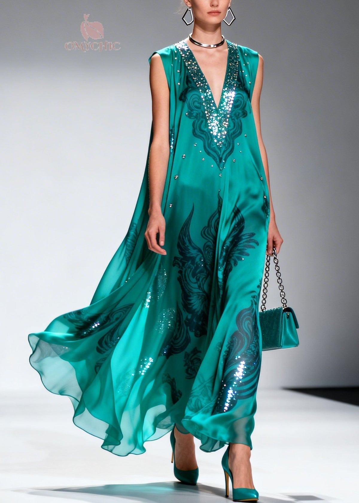 Sequin Trim Deep V-Neck Sleeveless Paisley Print Flowy Maxi Gown - View 5