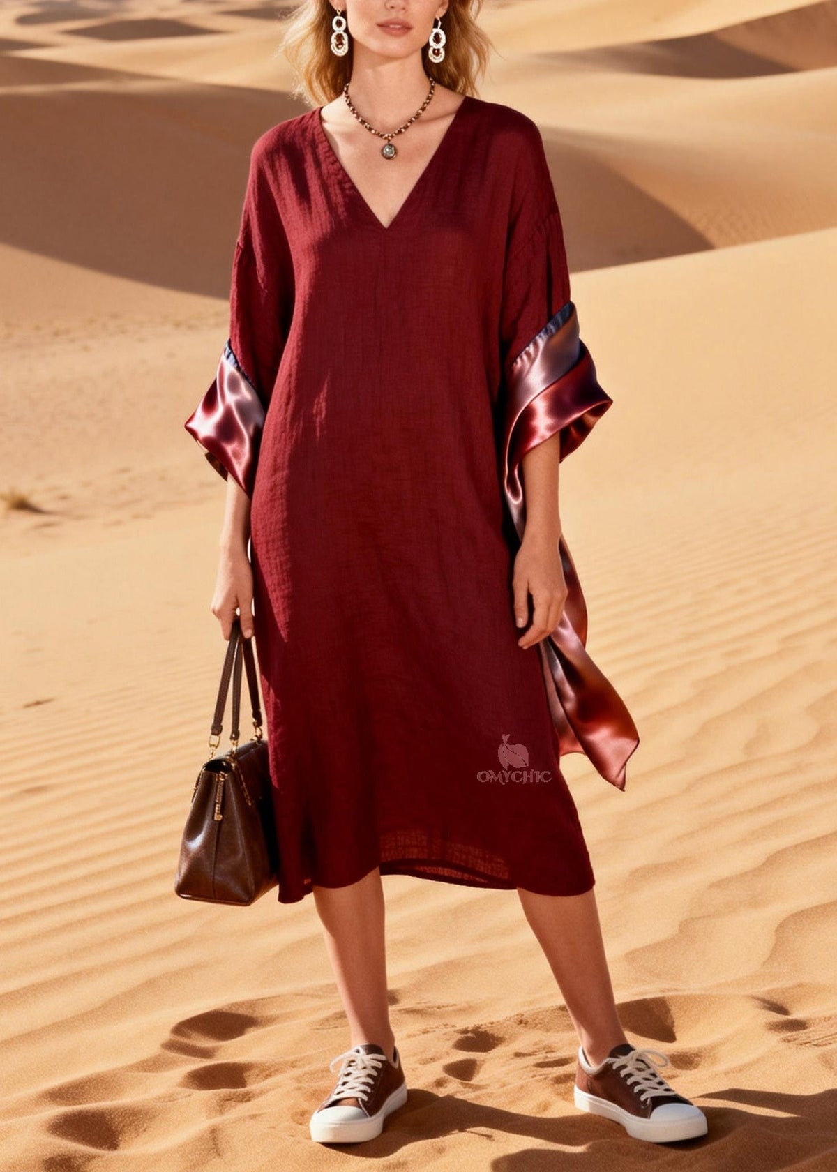 V-Neck Satin Lined Wide Kimono Sleeve Shift Midi Dress - View 3