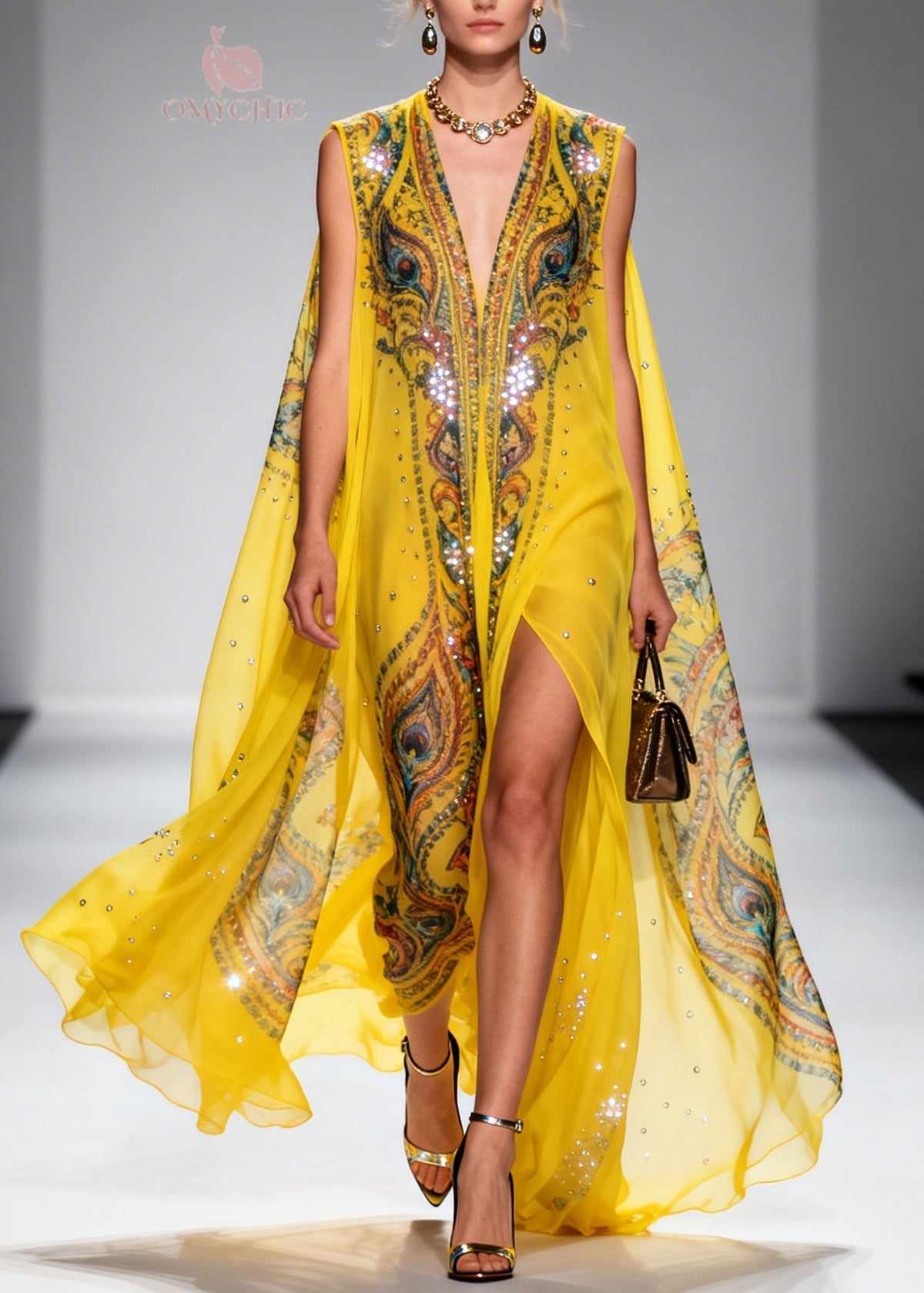 Chiffon Peacock Print Deep V-Neck Cape Sleeve Sequin Trim Maxi Dress - View 5