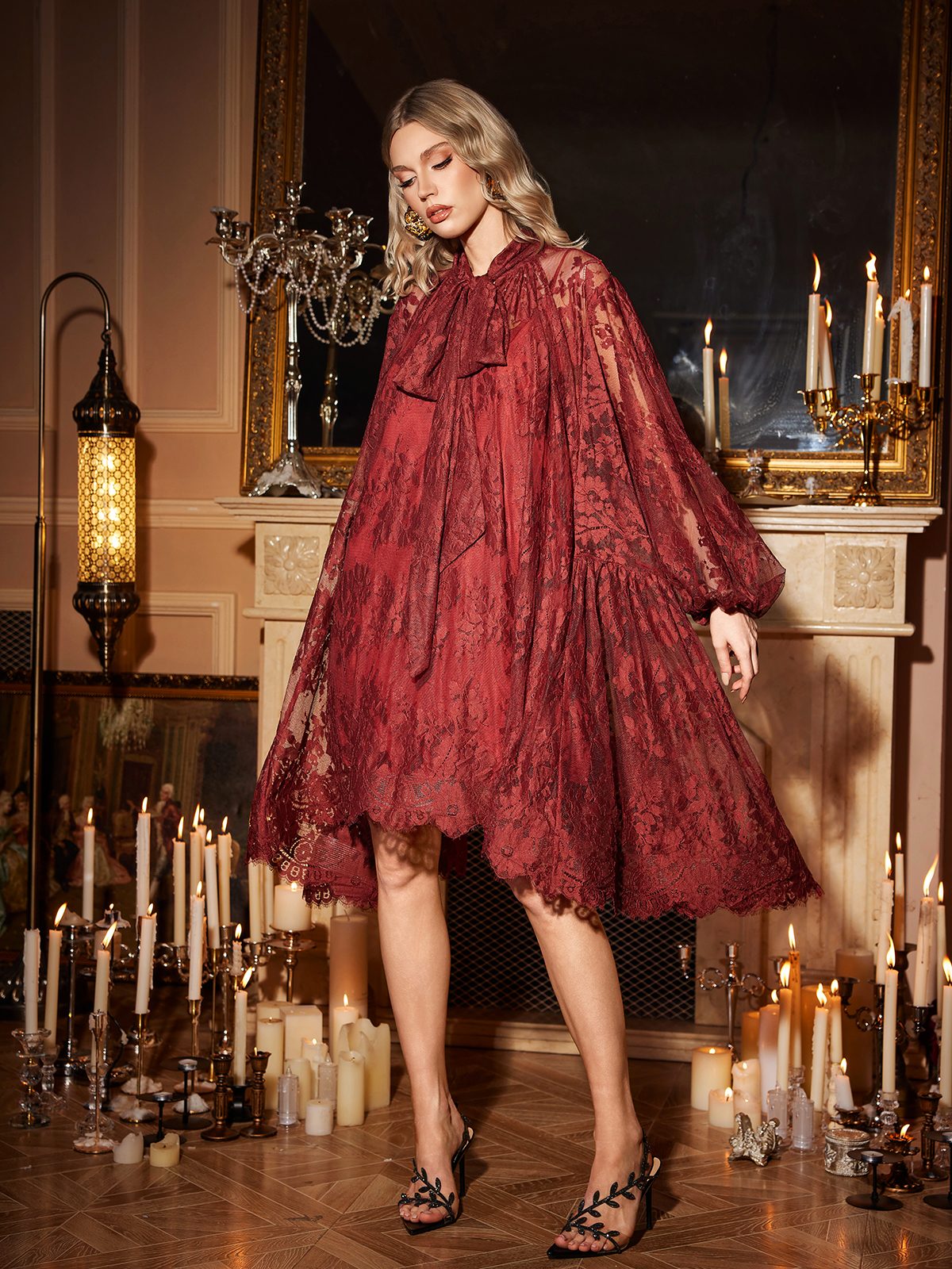 Lace Tie Neck Long Sleeve Sheer A-Line Mini Dress - View 3