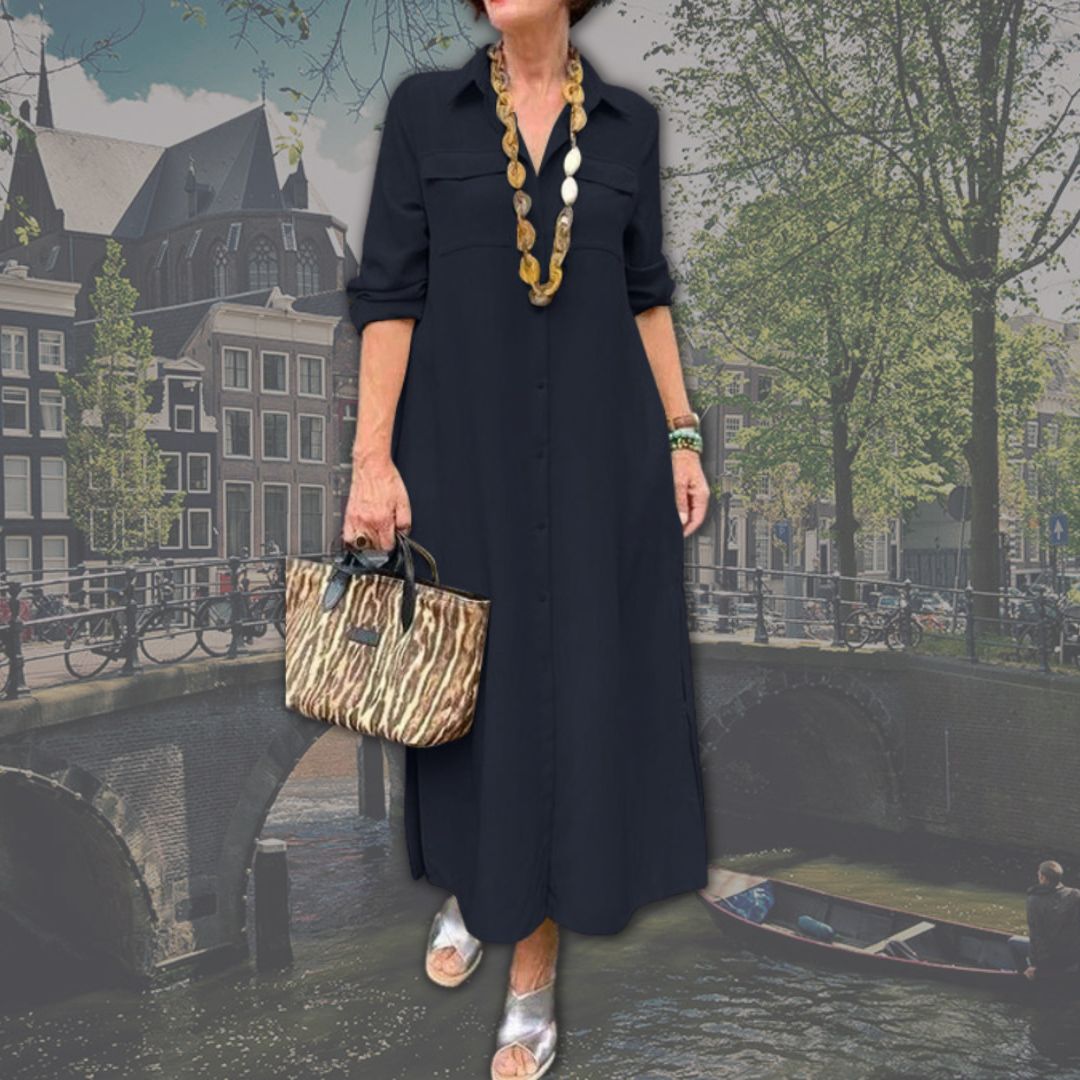 Collar Button Front Flap Pocket Long Sleeve Woven Maxi Shirt Dress - View 3
