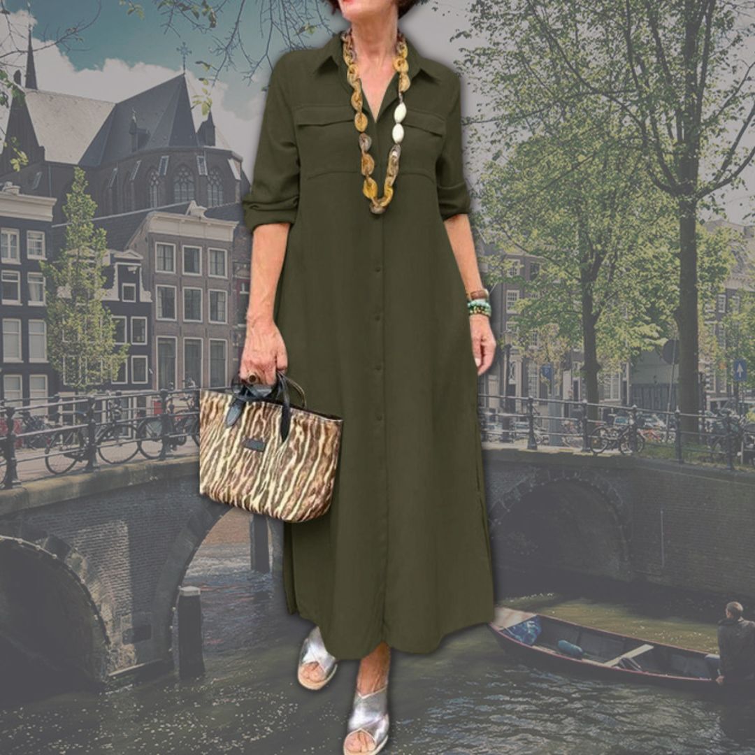 Collar Button Front Flap Pocket Long Sleeve Woven Maxi Shirt Dress - View 4