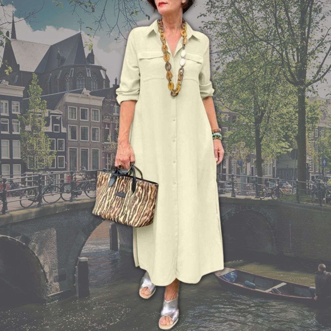 Collar Button Front Flap Pocket Long Sleeve Woven Maxi Shirt Dress