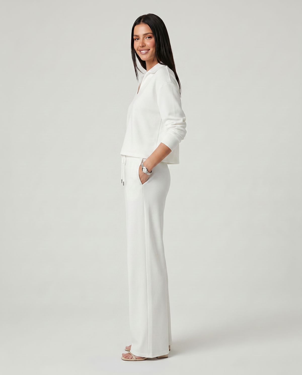 Collared Sweatshirt Top and Wide Leg Pants Two Piece Set 19
