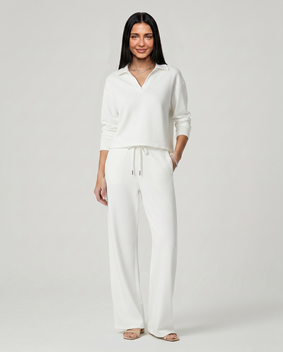 Collared Sweatshirt Top and Wide Leg Pants Two Piece Set 17