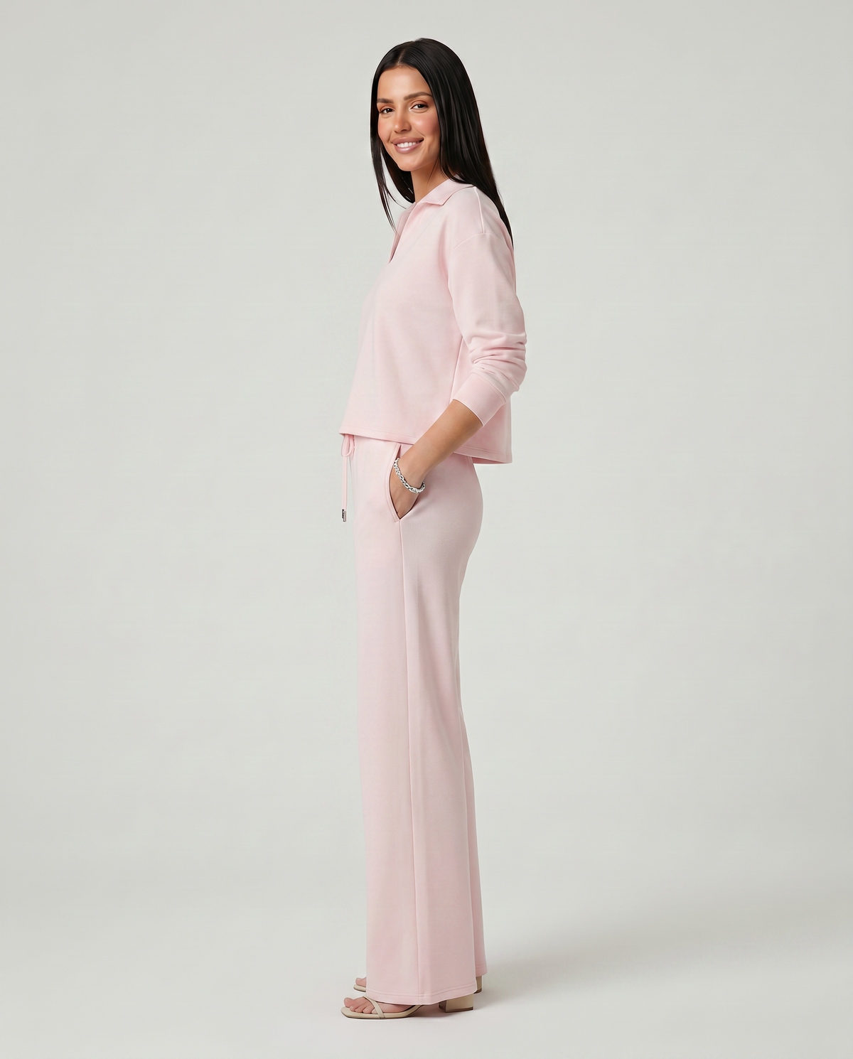 Collared Sweatshirt Top and Wide Leg Pants Two Piece Set 22