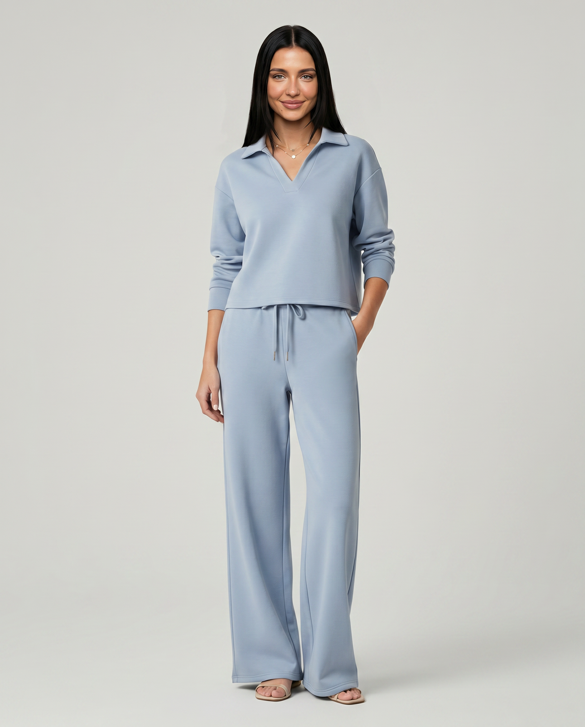 Collared Sweatshirt Top and Wide Leg Pants Two Piece Set 2
