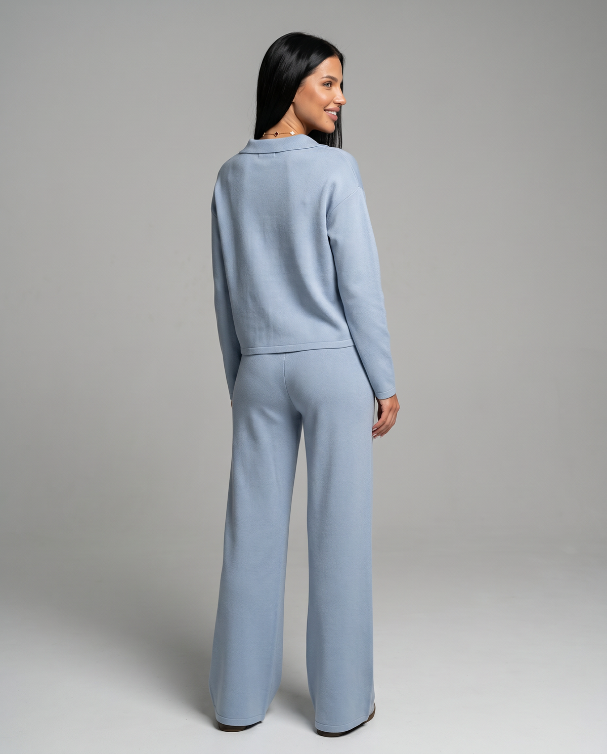 Collared Sweatshirt Top and Wide Leg Pants Two Piece Set 3