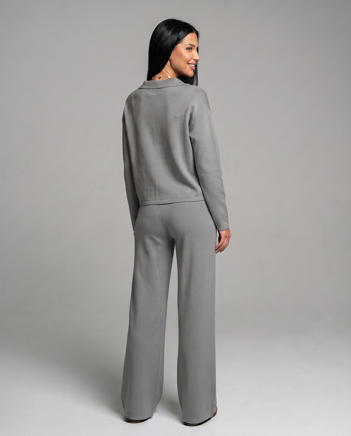 Collared Sweatshirt Top and Wide Leg Pants Two Piece Set 12