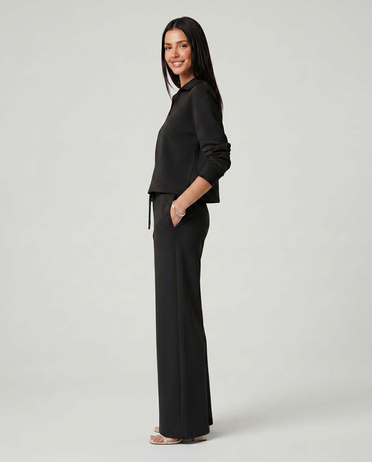 Collared Sweatshirt Top and Wide Leg Pants Two Piece Set 10