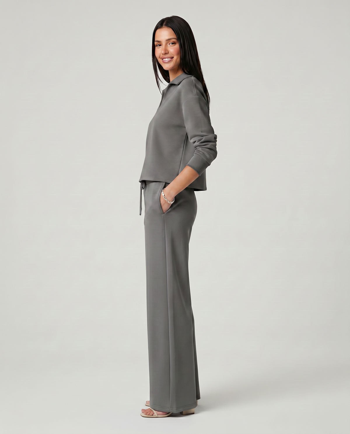 Collared Sweatshirt Top and Wide Leg Pants Two Piece Set 13