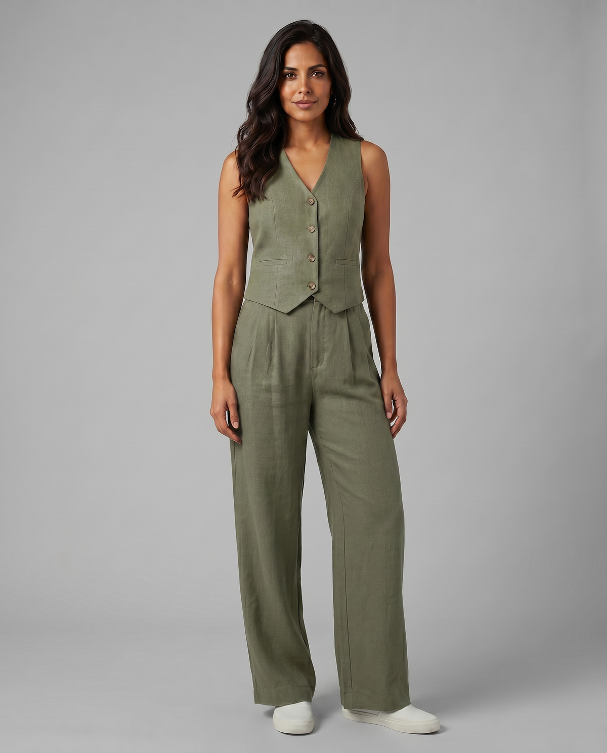 Sleeveless Button Vest and Wide Leg Pants Two Piece Set 17