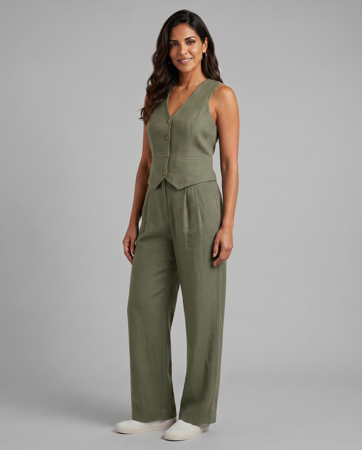 Sleeveless Button Vest and Wide Leg Pants Two Piece Set 19