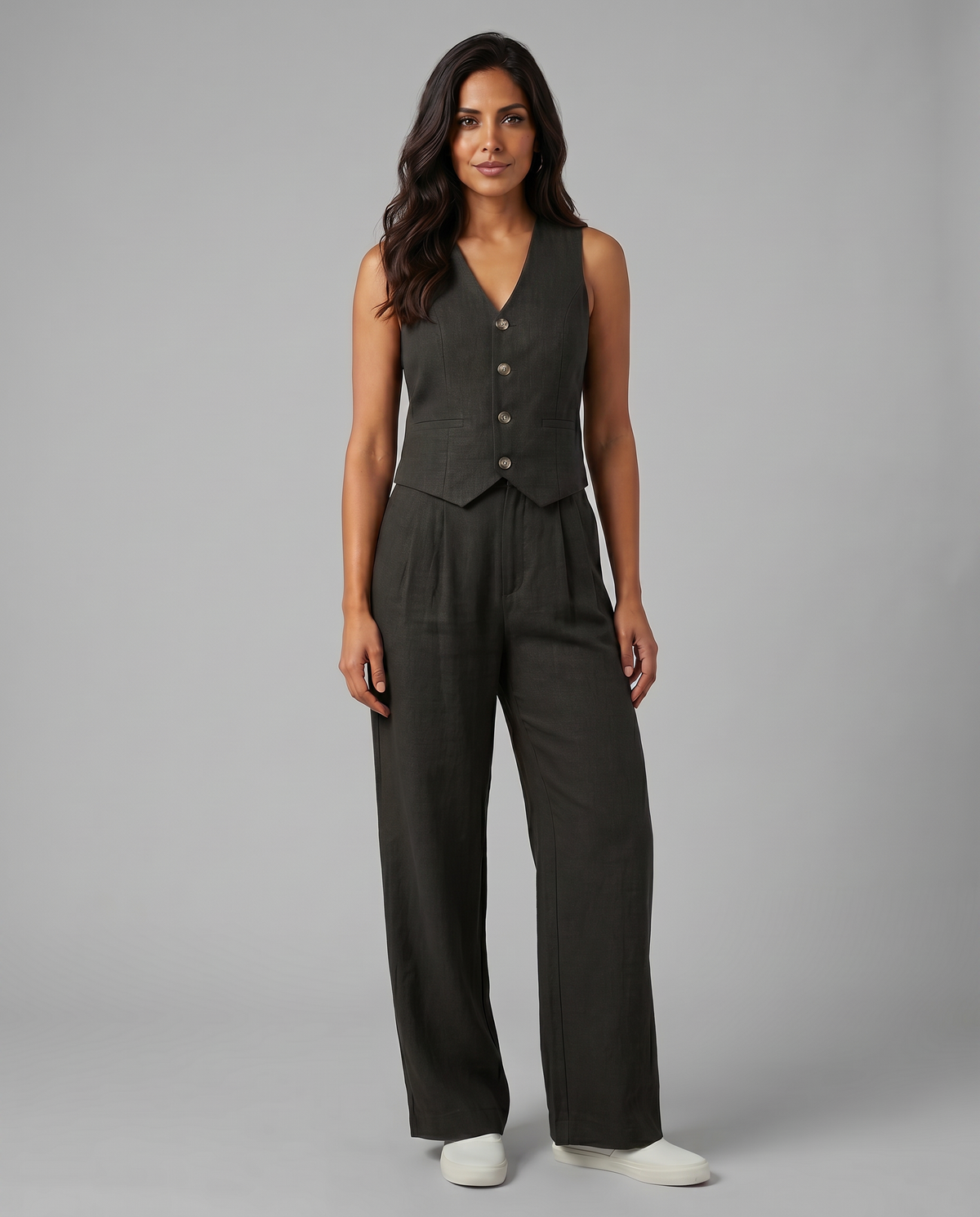 Sleeveless Button Vest and Wide Leg Pants Two Piece Set 14