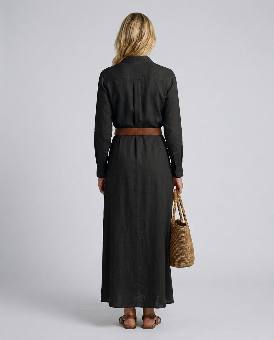 Deep V-Neck Button Front Belted Ruched Maxi Shirt Dress 6