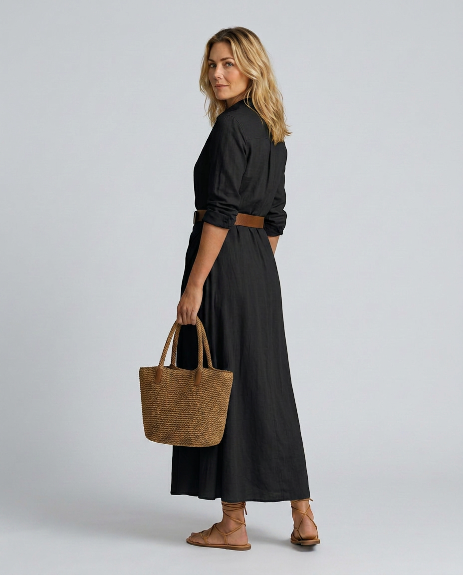 Deep V-Neck Button Front Belted Ruched Maxi Shirt Dress 7