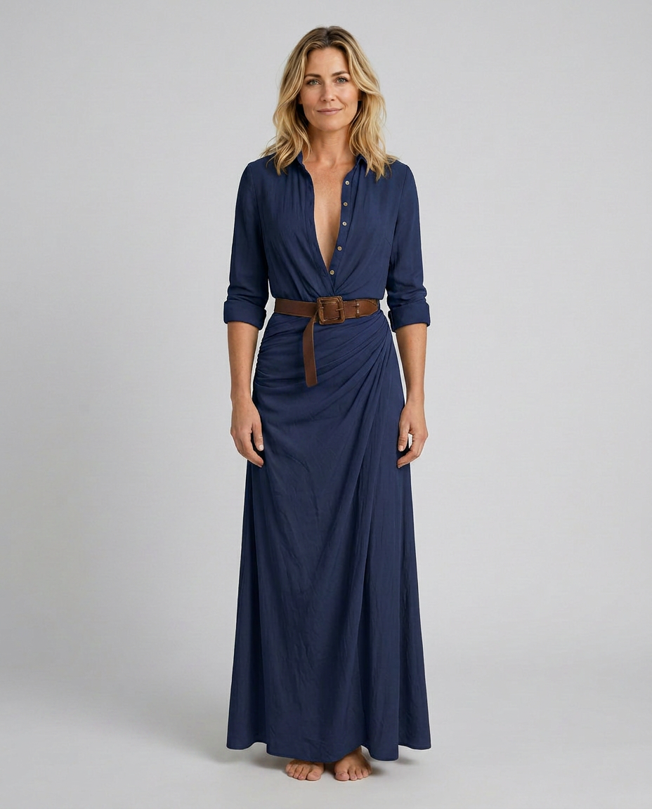 Deep V-Neck Button Front Belted Ruched Maxi Shirt Dress 8
