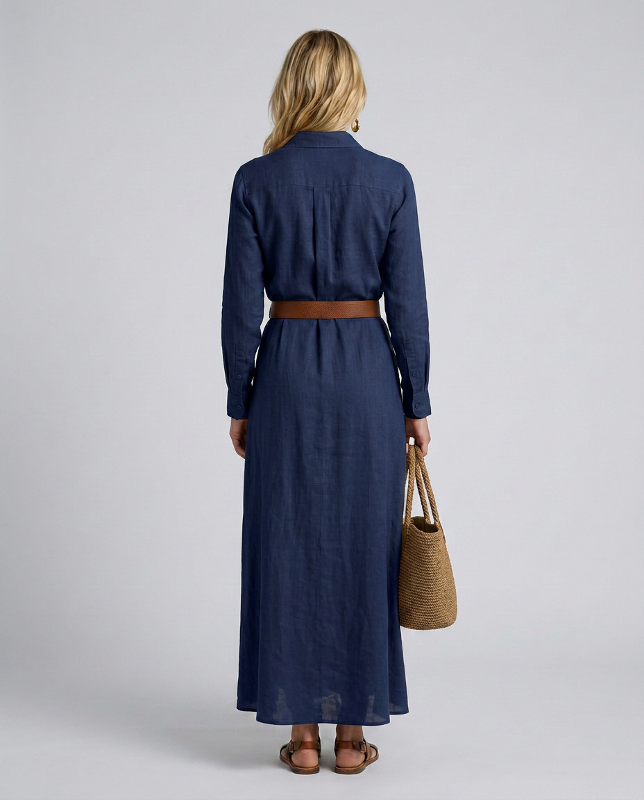 Deep V-Neck Button Front Belted Ruched Maxi Shirt Dress 9