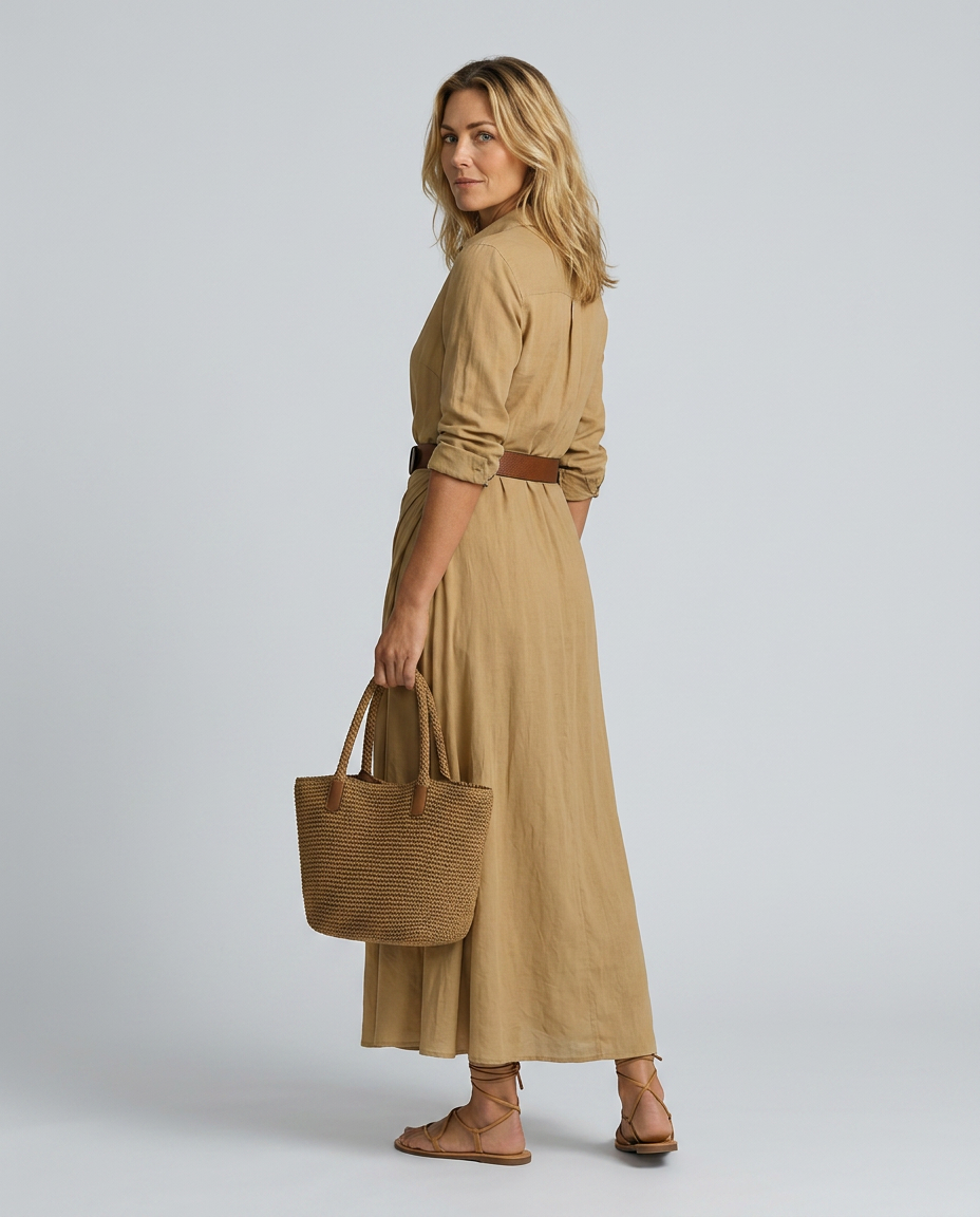 Deep V-Neck Button Front Belted Ruched Maxi Shirt Dress 3