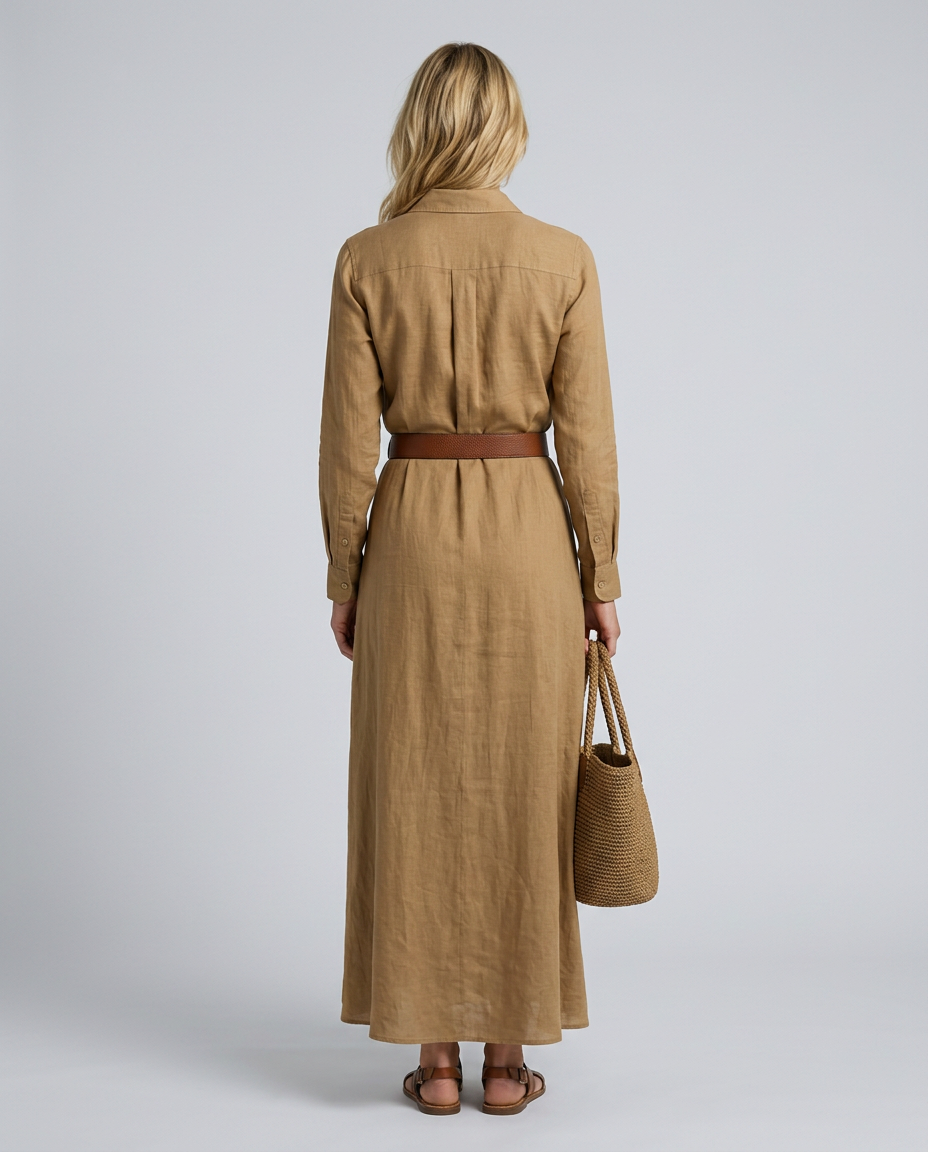 Deep V-Neck Button Front Belted Ruched Maxi Shirt Dress 2