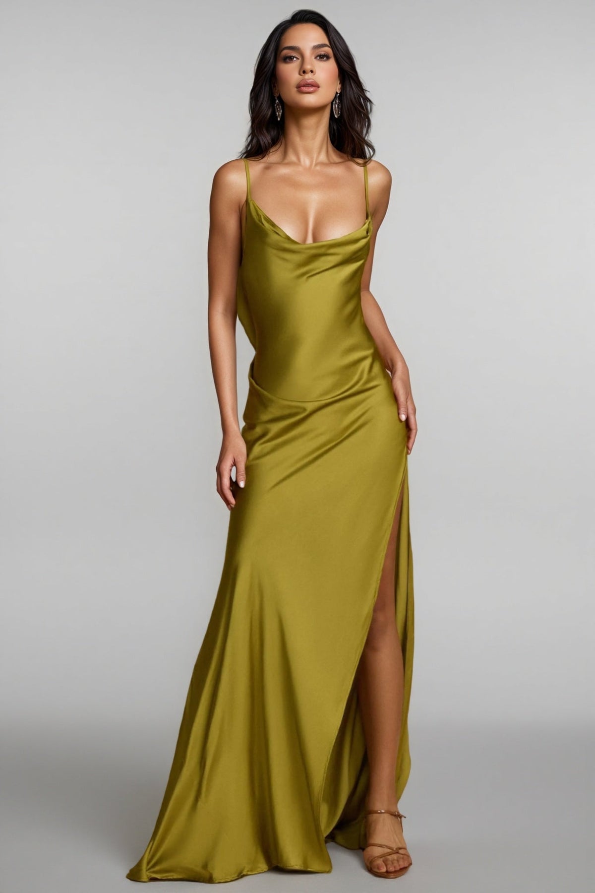 Lelia Solid Satin Backless Frill Maxi Dress