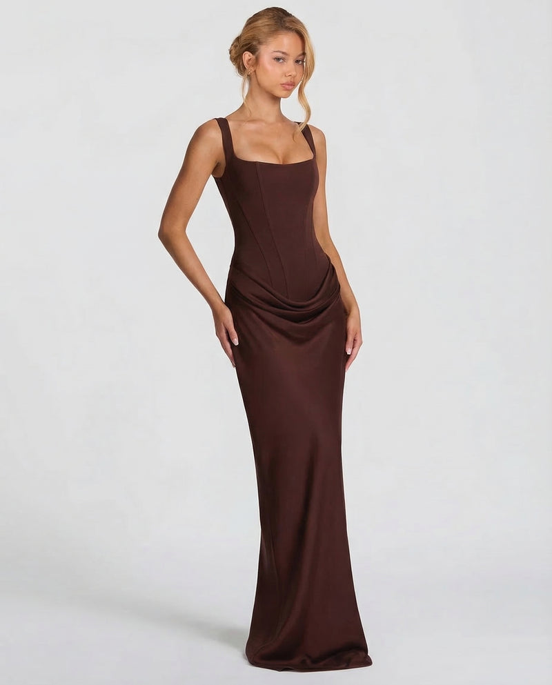 Square Neck Corset Bodice Ruched Satin Maxi Gown 4