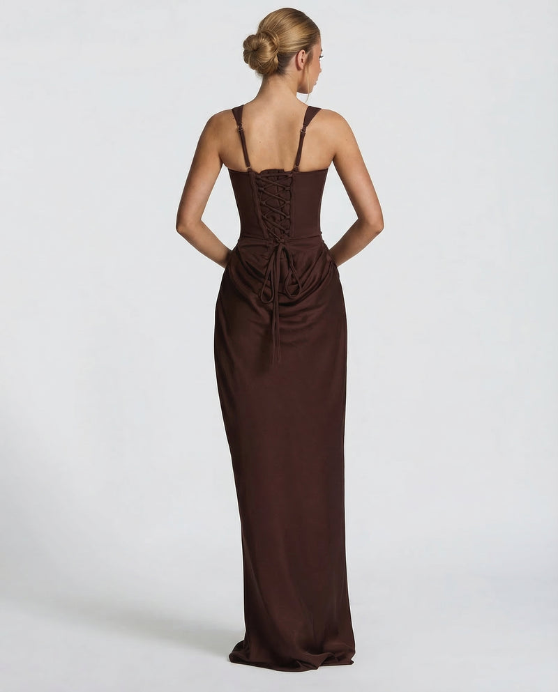 Square Neck Corset Bodice Ruched Satin Maxi Gown 3