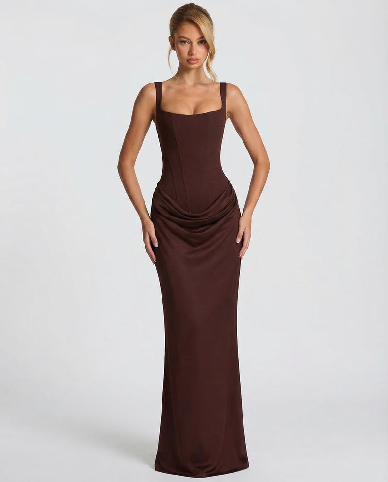 Square Neck Corset Bodice Ruched Satin Maxi Gown 5